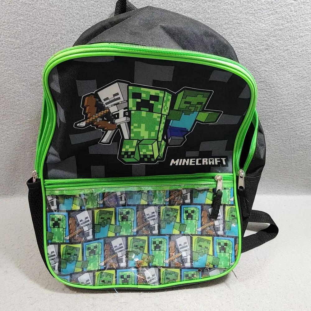 Children's Minecraft Character School Back Pack Book Bag Design Black-Green
